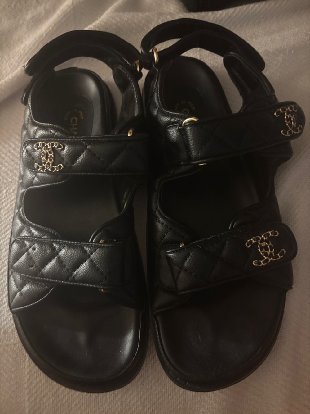 Black Quilted Leather Velcro Logo Sandals with Gold CC gladiator style